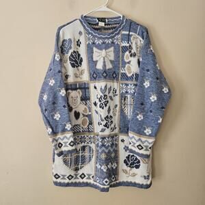 Vintage 80s 90s Granny Sweater Bear Print Rose Brand Blue Made In USA Size Large